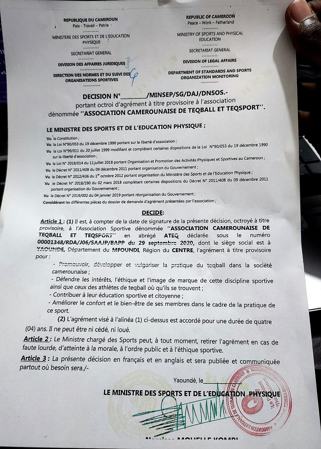 Décision du MINSEP portant octroi d'agrément à titre provisoire à l'Association Camerounaise de Teqball et Teqsport