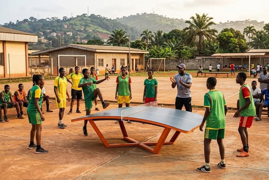 Des jeunes s'entraînent au teqball autour d'une table, encadrés par un éducateur